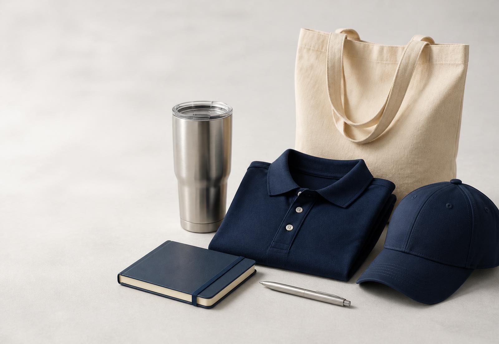Promotional products including a stainless tumbler, embroidered polo, canvas tote, notebook, pen and cap